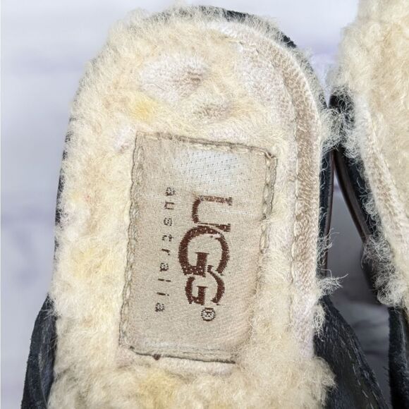 UGG Shearling Lined Black Suede Heeled Mules Clogs - Picture 12 of 14